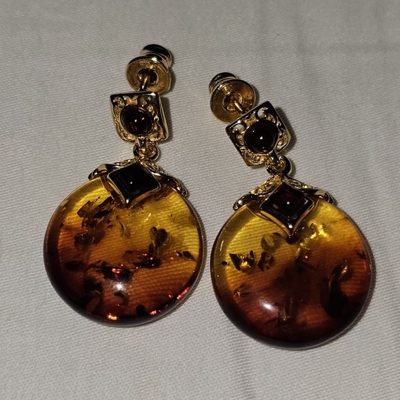 Baltic Amber & Garnet Drop Earrings, 925 Silver, NWT - Picture 3 of 6